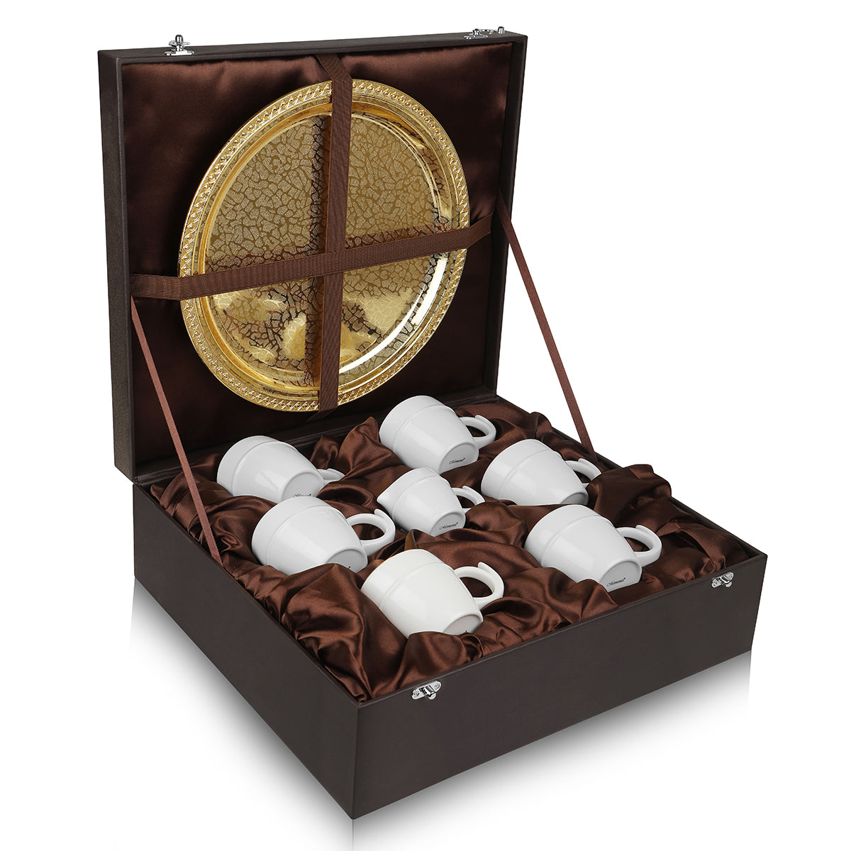 Round Golden Thal With 6 Tea Cups + 1 Milk Pot