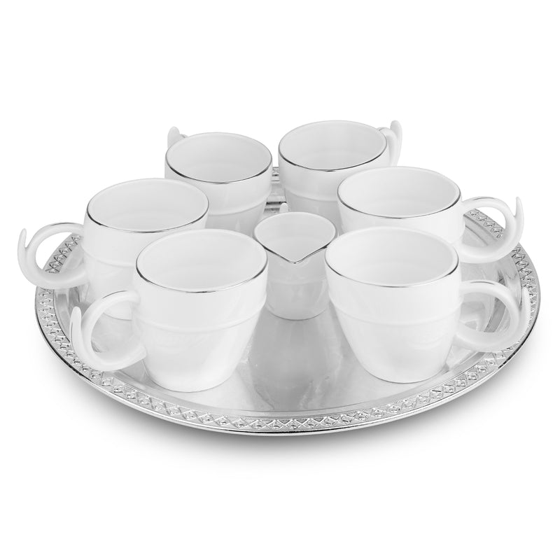 Round Silver Thal With 6 Tea Cups + 1 Milk Pot