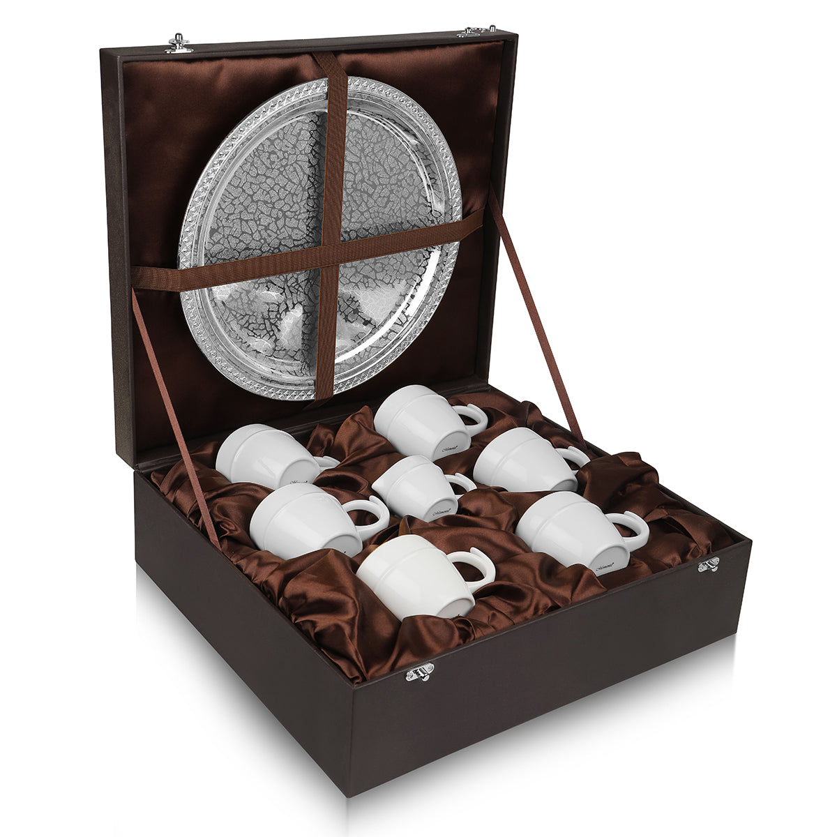 Round Silver Thal With 6 Tea Cups + 1 Milk Pot