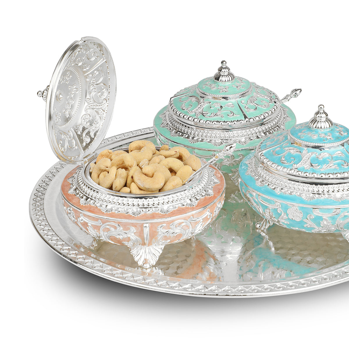Tray with 3 pastel colour sugarpot