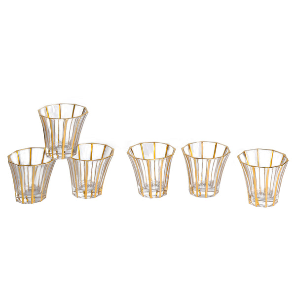 6 glasses - curvy with vertical lines- Gold