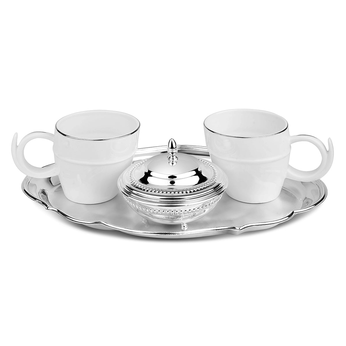 Oval Cutwork Tray With Sugar Bowl & 2 Cups Silver = 9941+9948