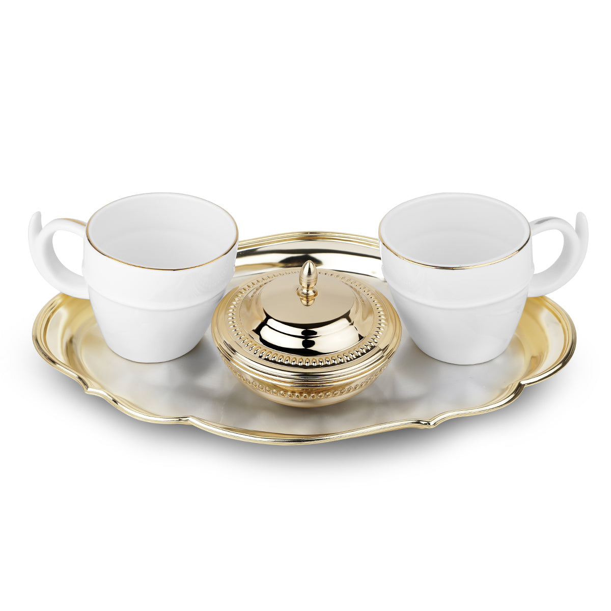 Oval Cutwork Tray With Sugar Bowl & 2 Cups Golden