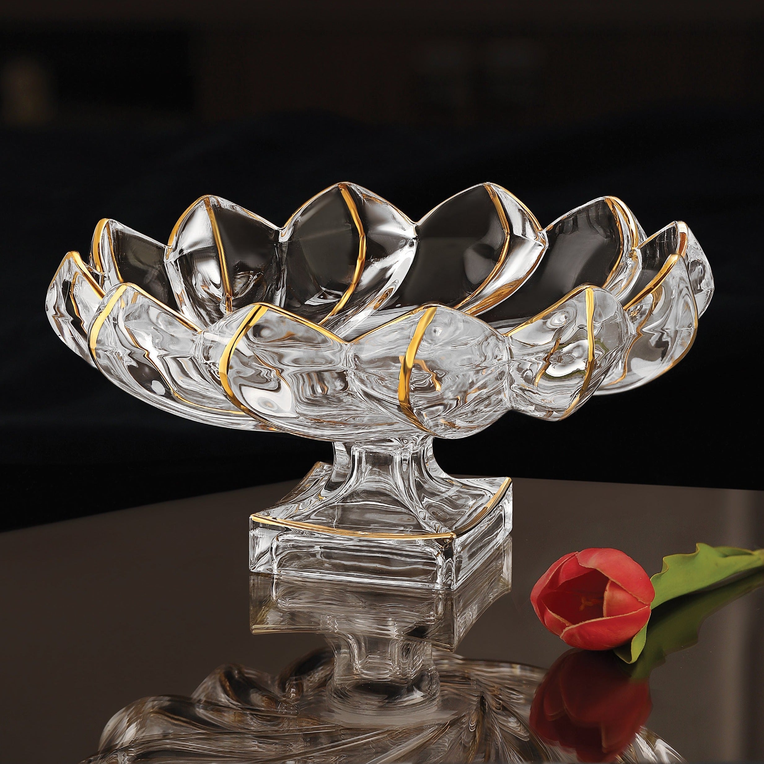 Swoosh flower design footed platter with golden lines