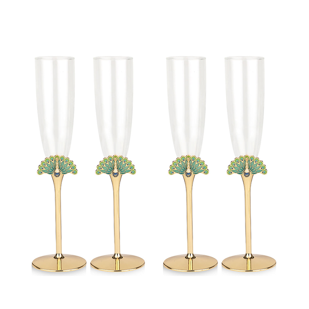 Set Of 4 Peacock Champagne Glass Gold