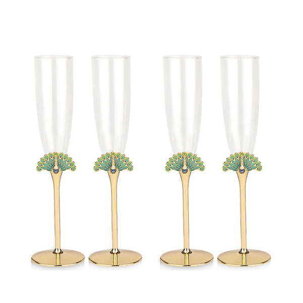 Set Of 4 Peacock Champagne Glass Gold