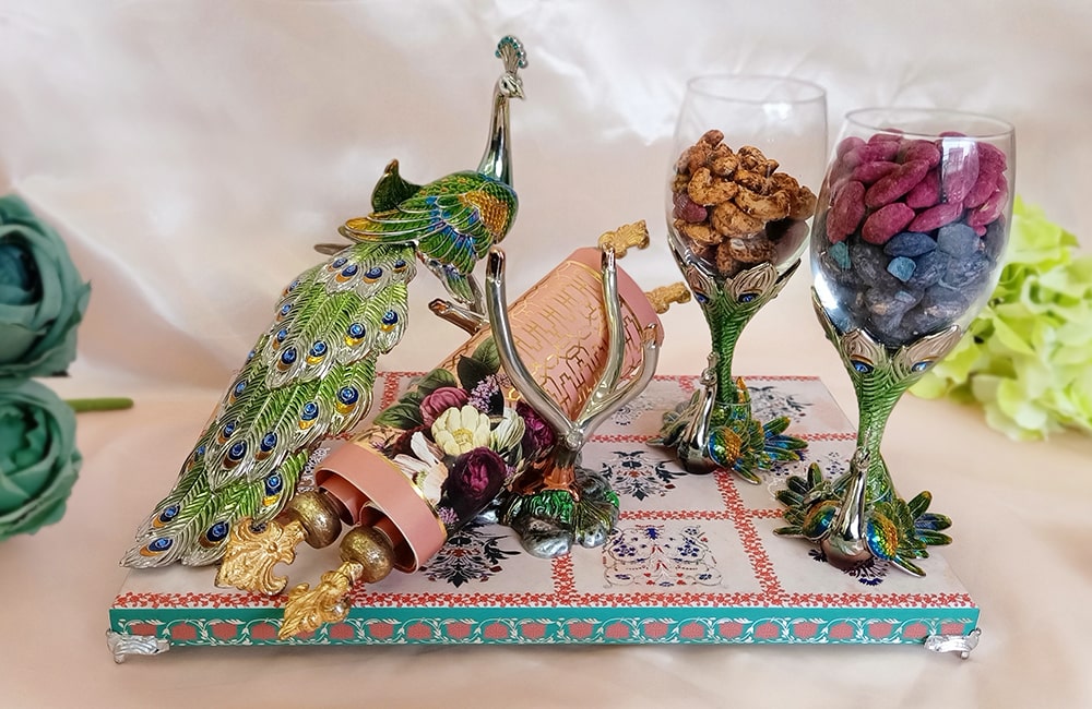 Peacock-Themed Royal Invitation Box with Goblet Dry Fruit Display