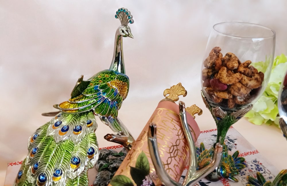 Peacock-Themed Royal Invitation Box with Goblet Dry Fruit Display