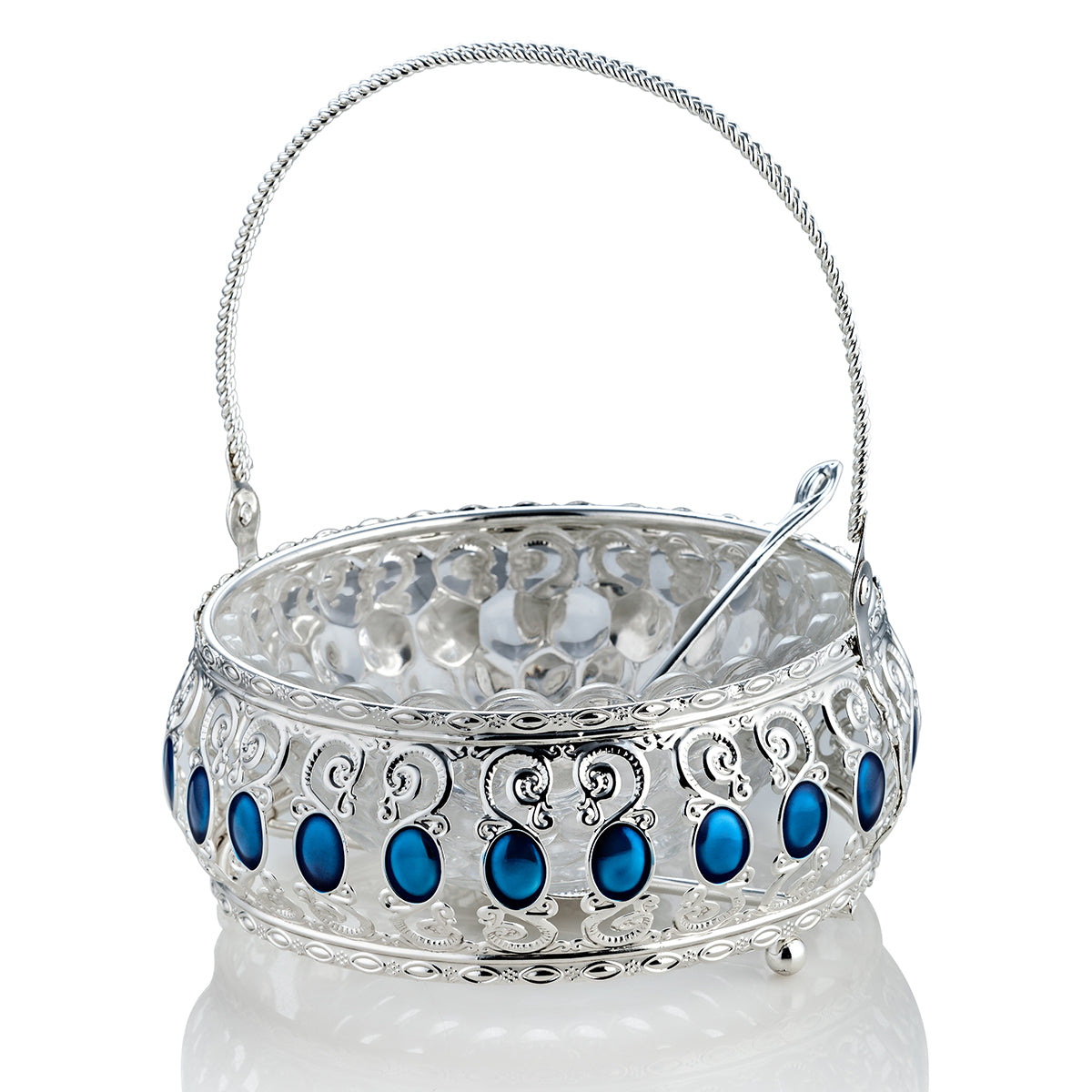 Enamel Basket With Glass Bowl - Sky Blue