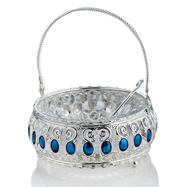 Enamel Basket With Glass Bowl - Sky Blue