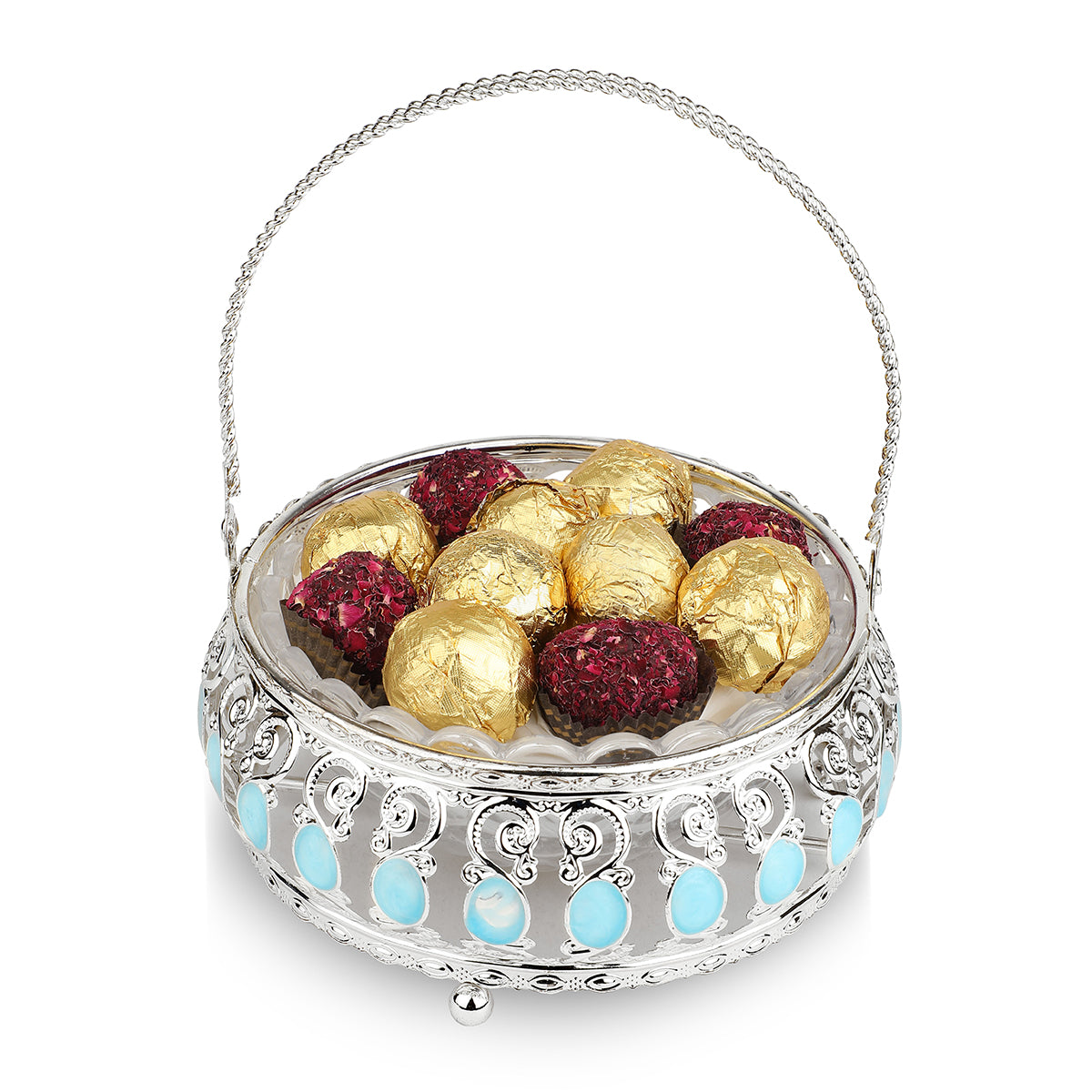 Enamel Basket With Glass Bowl - Blue