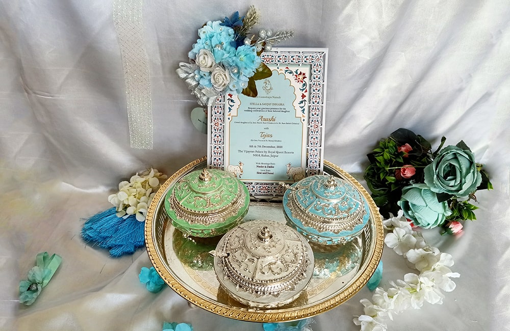 Elegant Royal Invitation Box with Ornate Silver & Enamel Jars