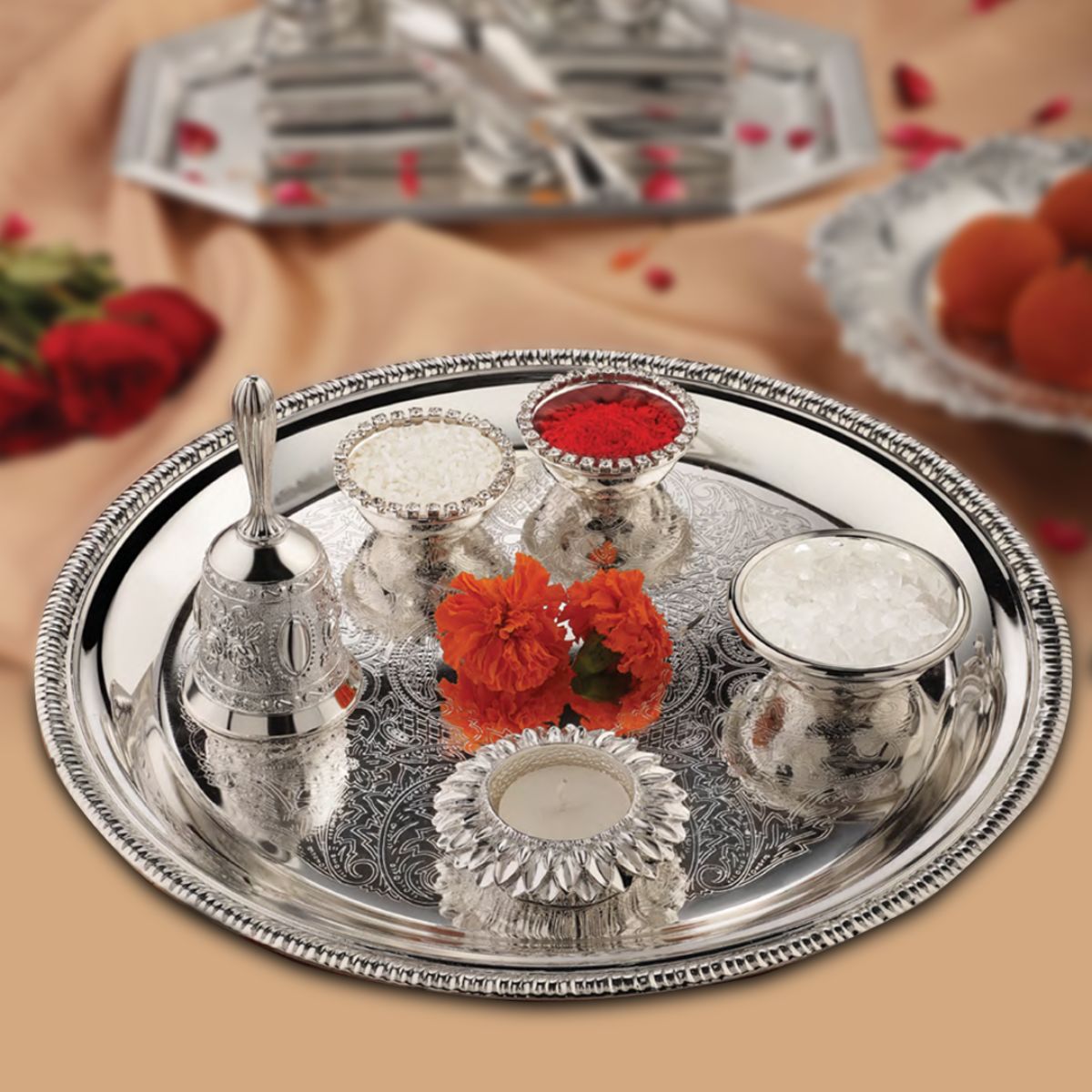 Buy Decorative Silver Puja Thali Online | Wedding & Diwali Pooja Thali ...