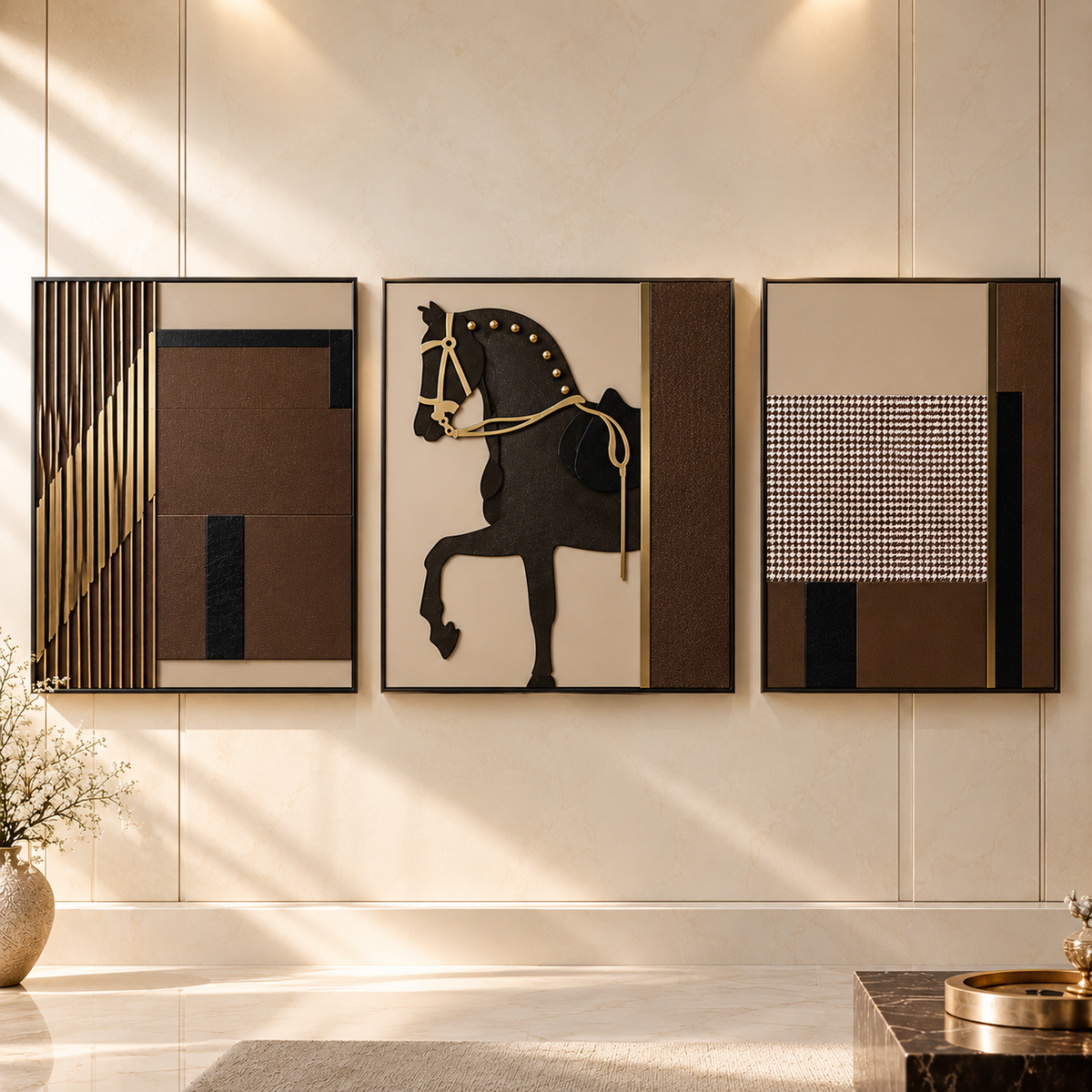 Addle and stride triptych equestrian wall art set