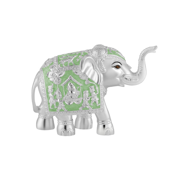 Pair of Silver Sea Green Meena Elephant Medium