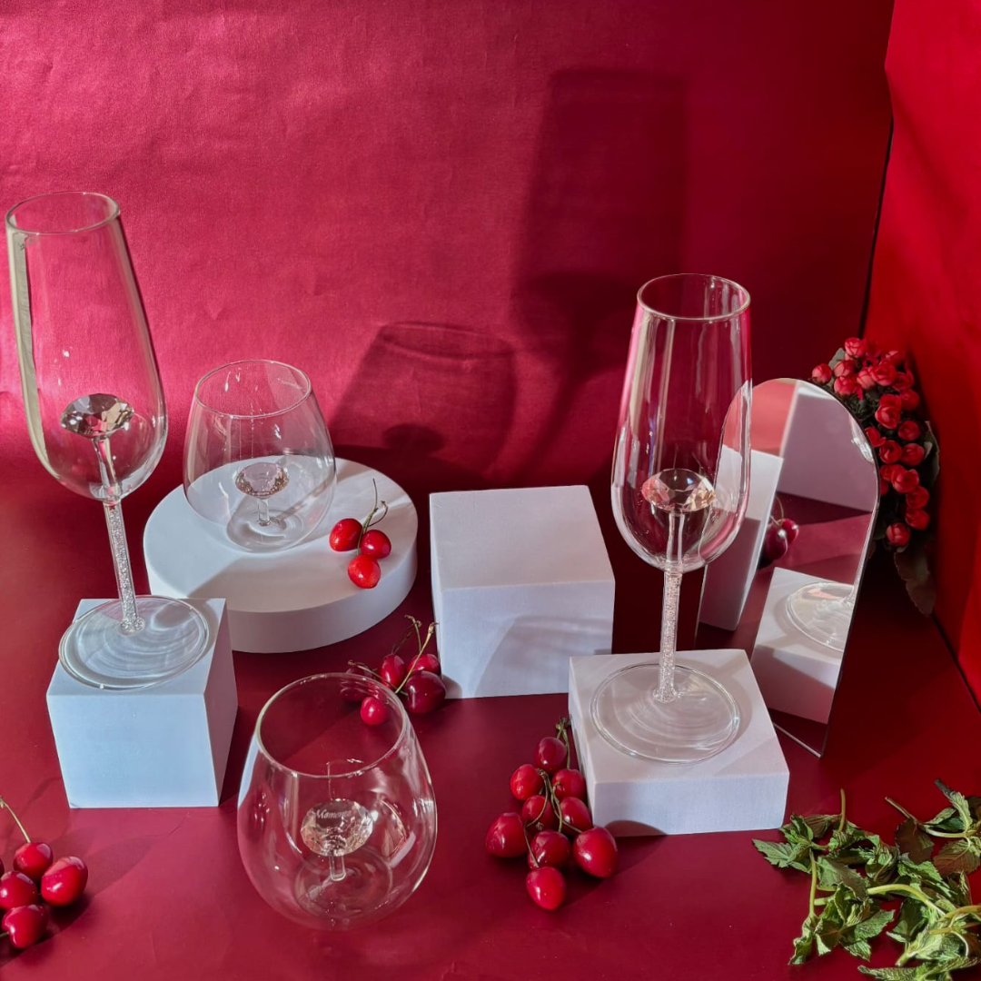 Champagne Glasses with Diamond Stem & Pink Crystal – Set of 2
