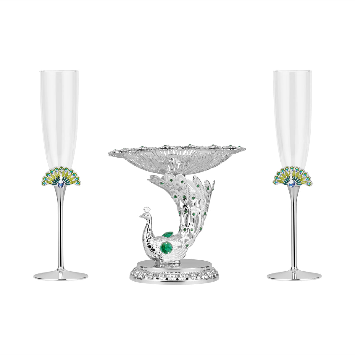 Peacock server with stand & champagne glass set