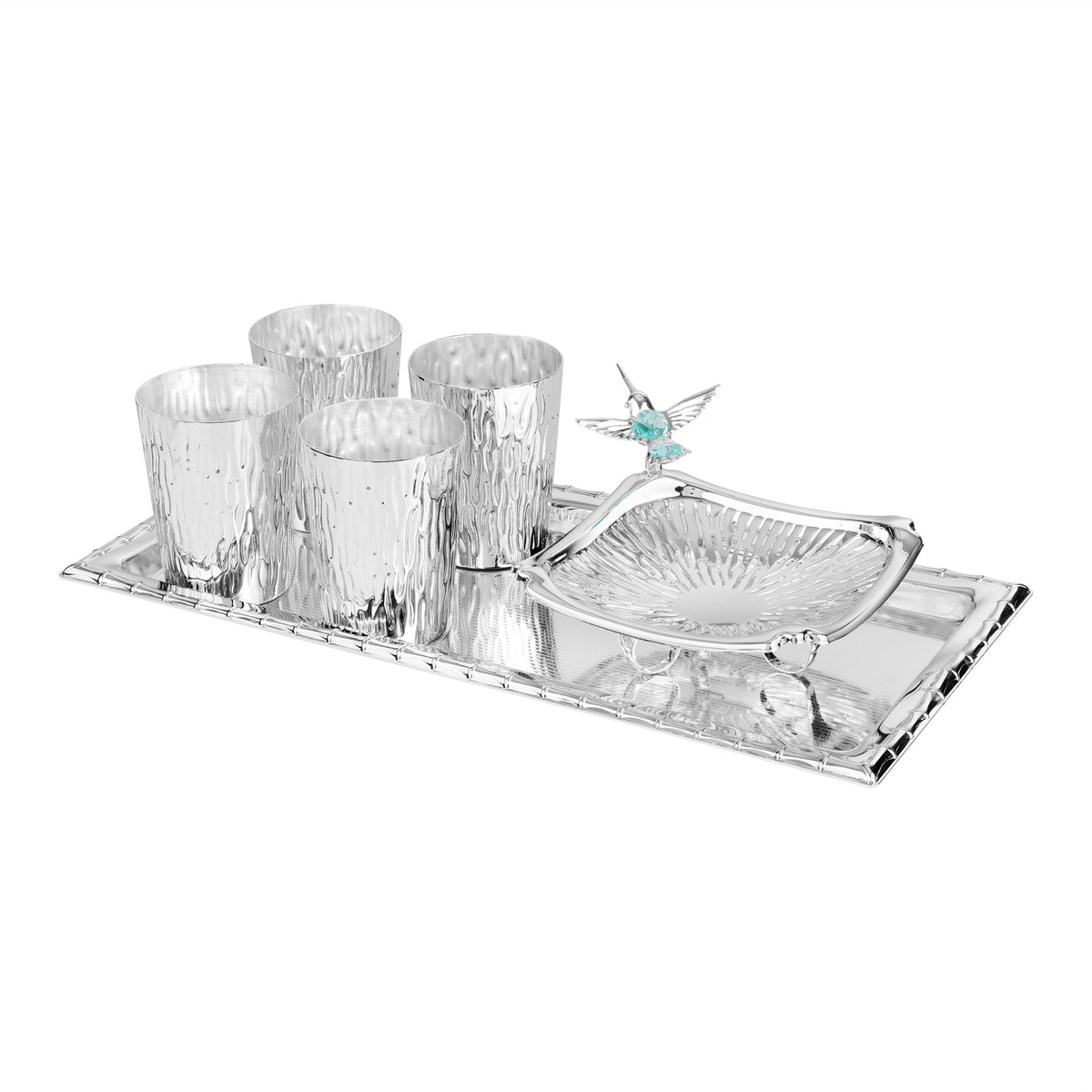 Set of 4 Glasses with Fly Bird Server & Rect. Tray