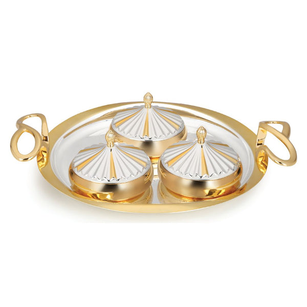 Medium Designer Round Golden Handle Tray with 3  Aladin Bowls