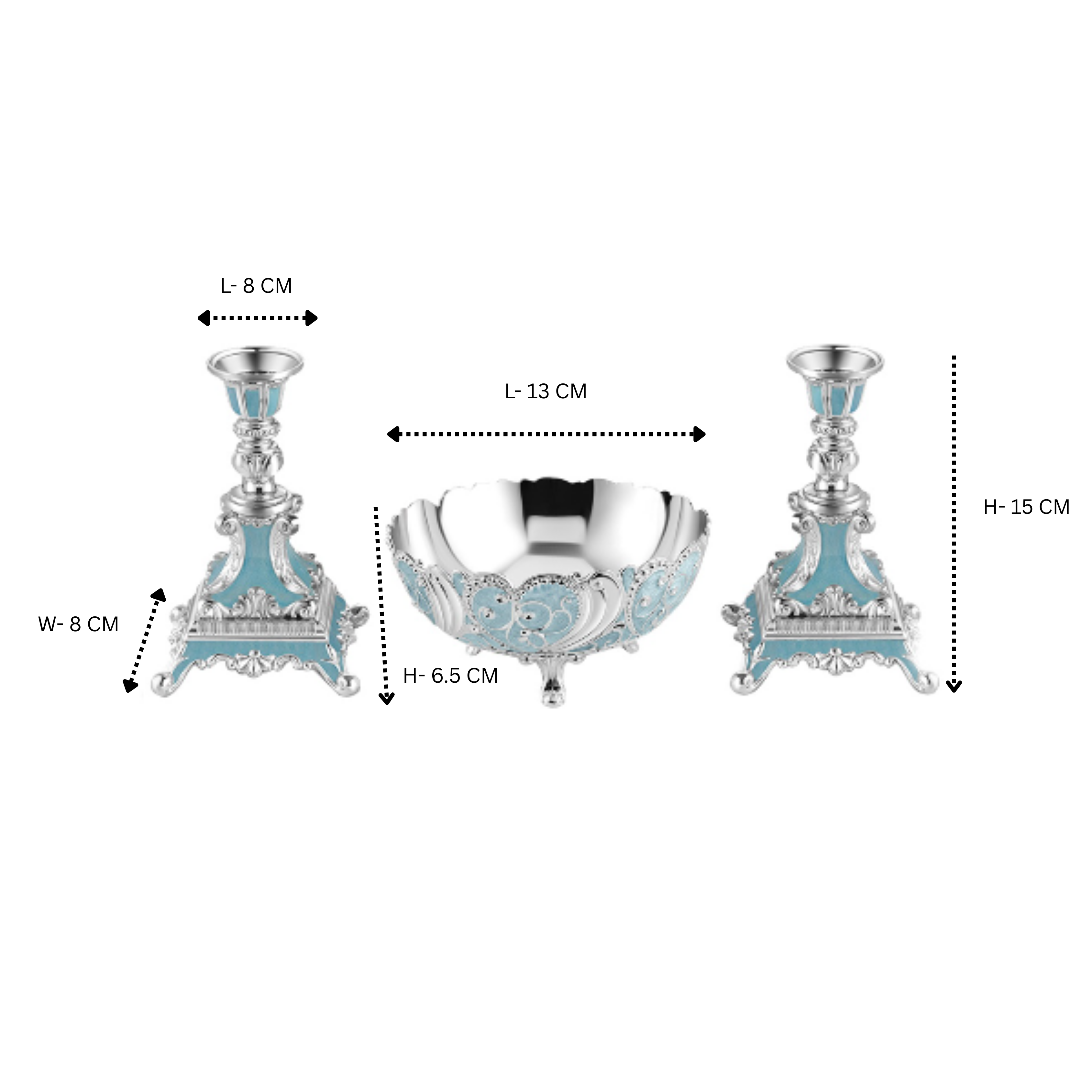 Big Enamel Bowl + Set Of 2 Candle Stand - Sky Blue