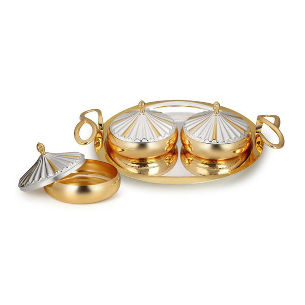 Large Designer Round Golden Handle Tray with 3  Aladin Bowls