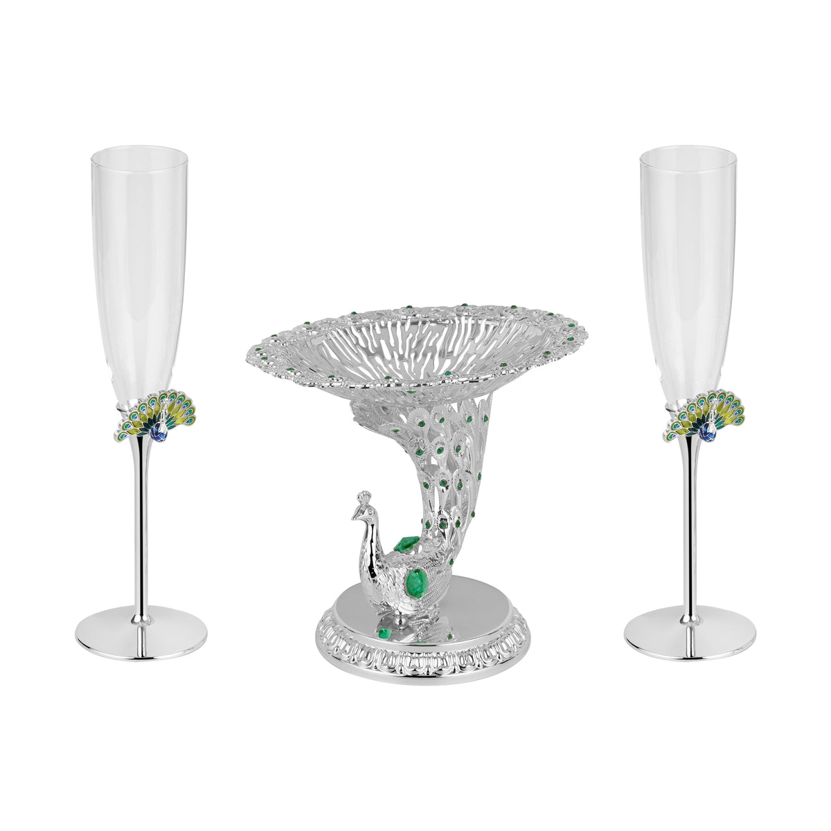 Peacock server with stand & champagne glass set