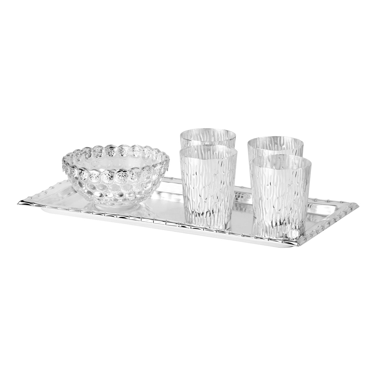 Set of 4 Glasses with Crystal Bowl & Rect. Tray