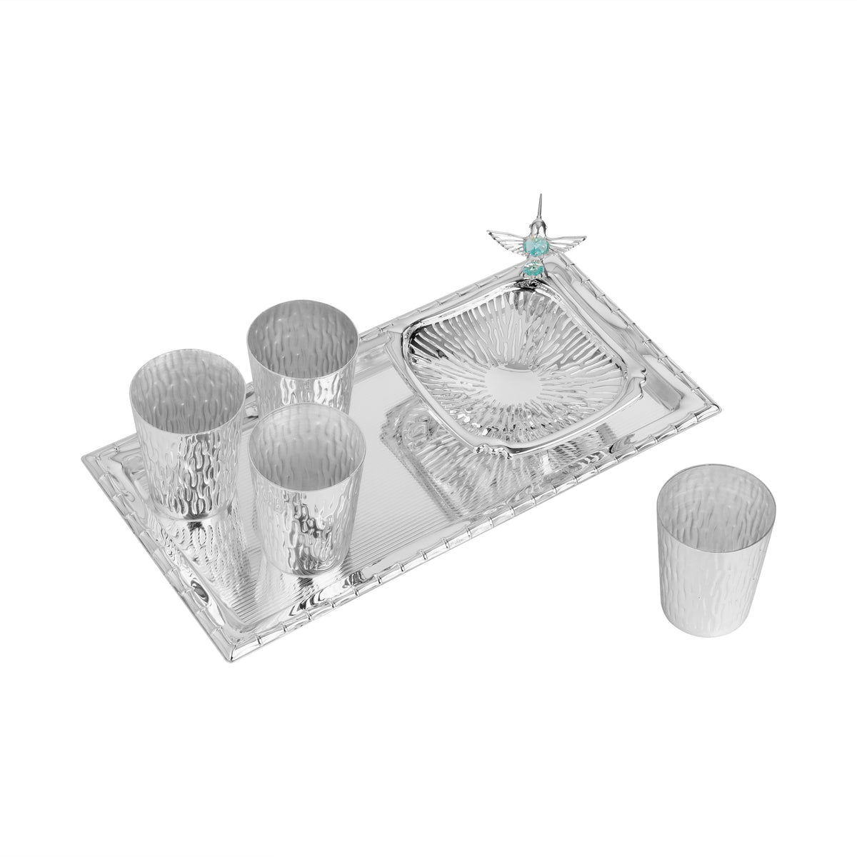 Set of 4 Glasses with Fly Bird Server & Rect. Tray
