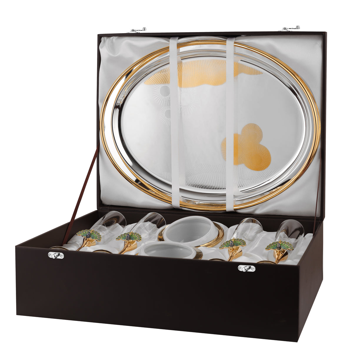 Set of 4 Peacock Champagne with 2 Sweet Bowls & Intricate Oval Tray