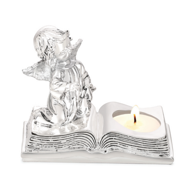 Angel with Book Tealight Silver Glossy