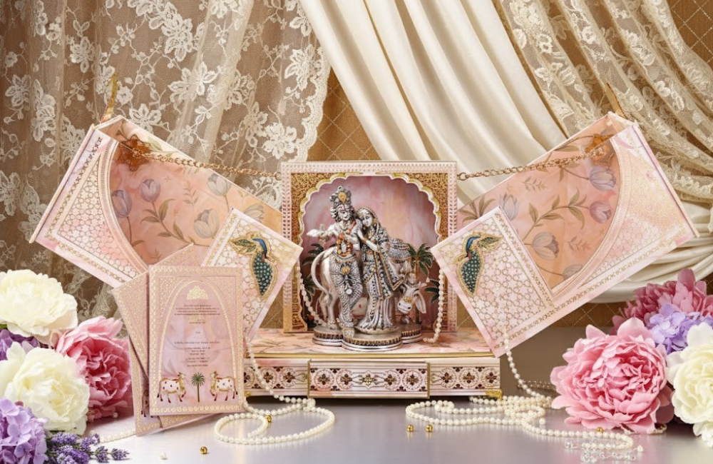 Radha-Krishna Divine Wedding Keepsake Ensemble in Blush Peach