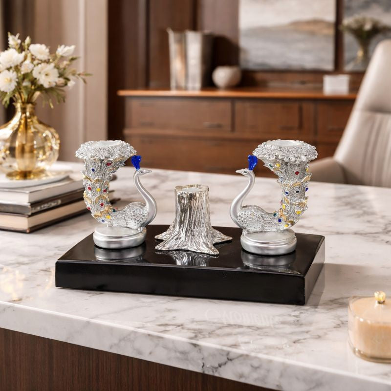 Set Of 2 Peacock Tea Ligth With Pen Holder