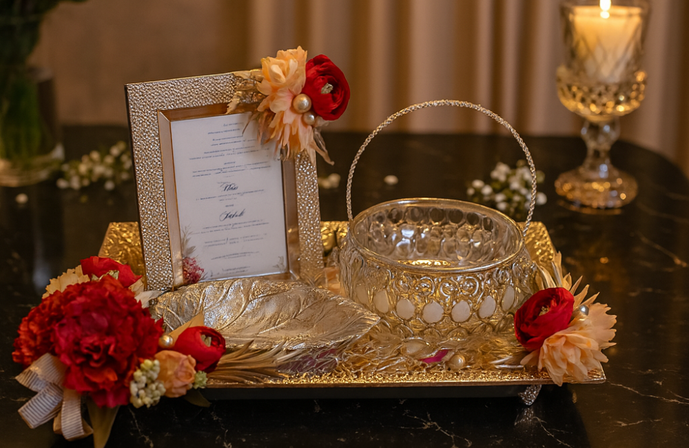 Elegant Wedding Tray Display with Invitation & Floral Detailing