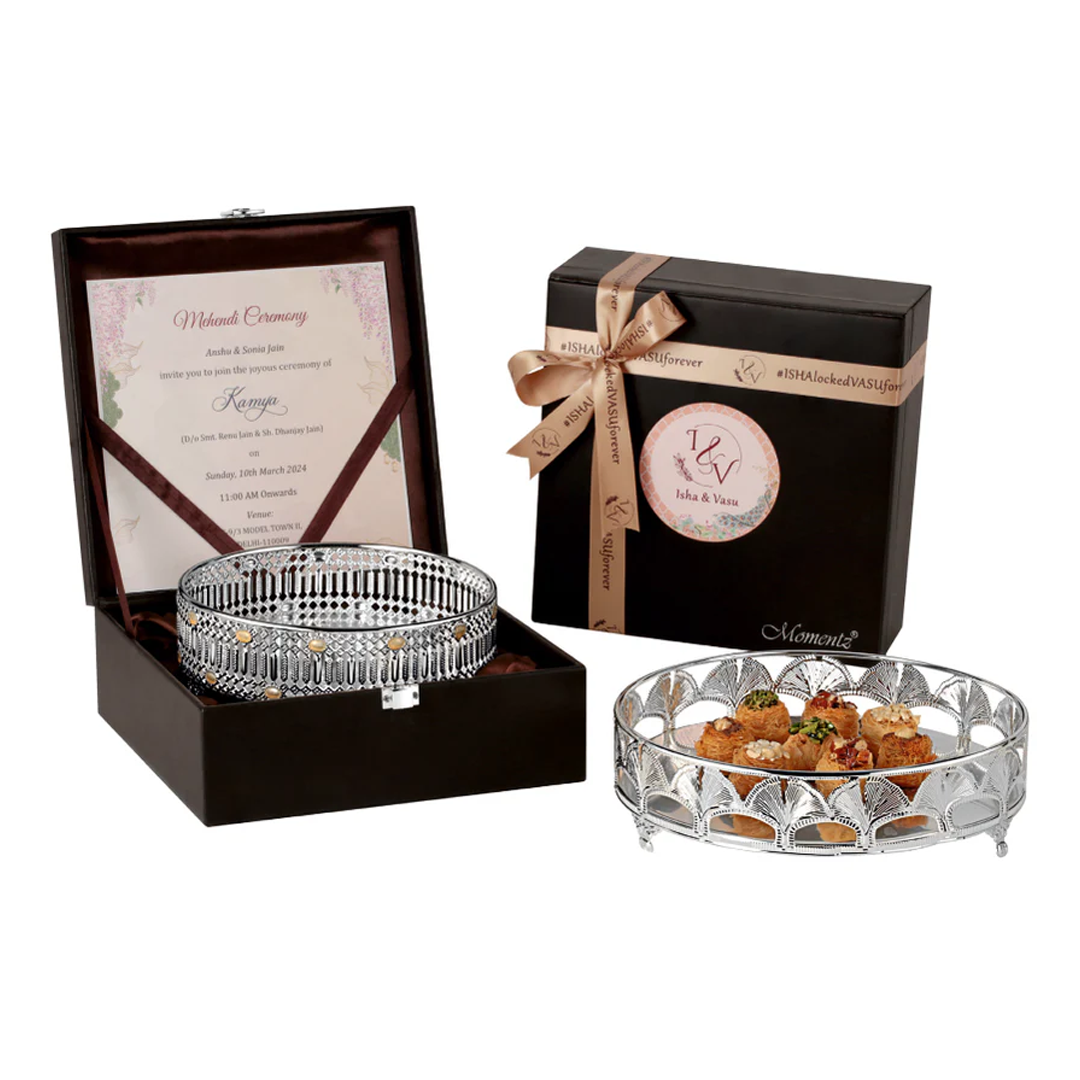 Elegant Wedding Invitation Box with Designer Silver Platter