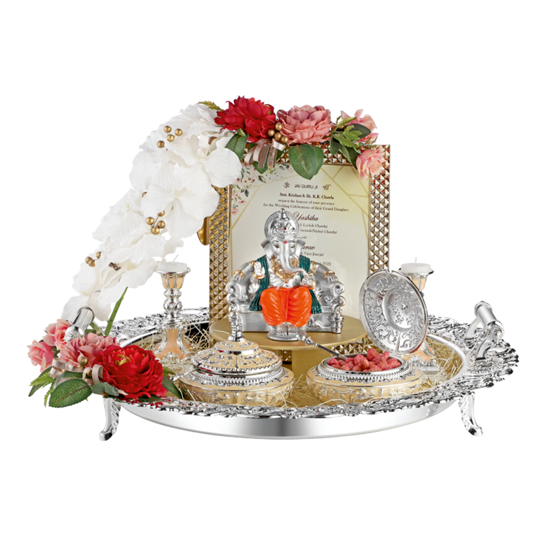 Luxury Wedding Invitation Tray with Ganesh Idol and Floral Accents