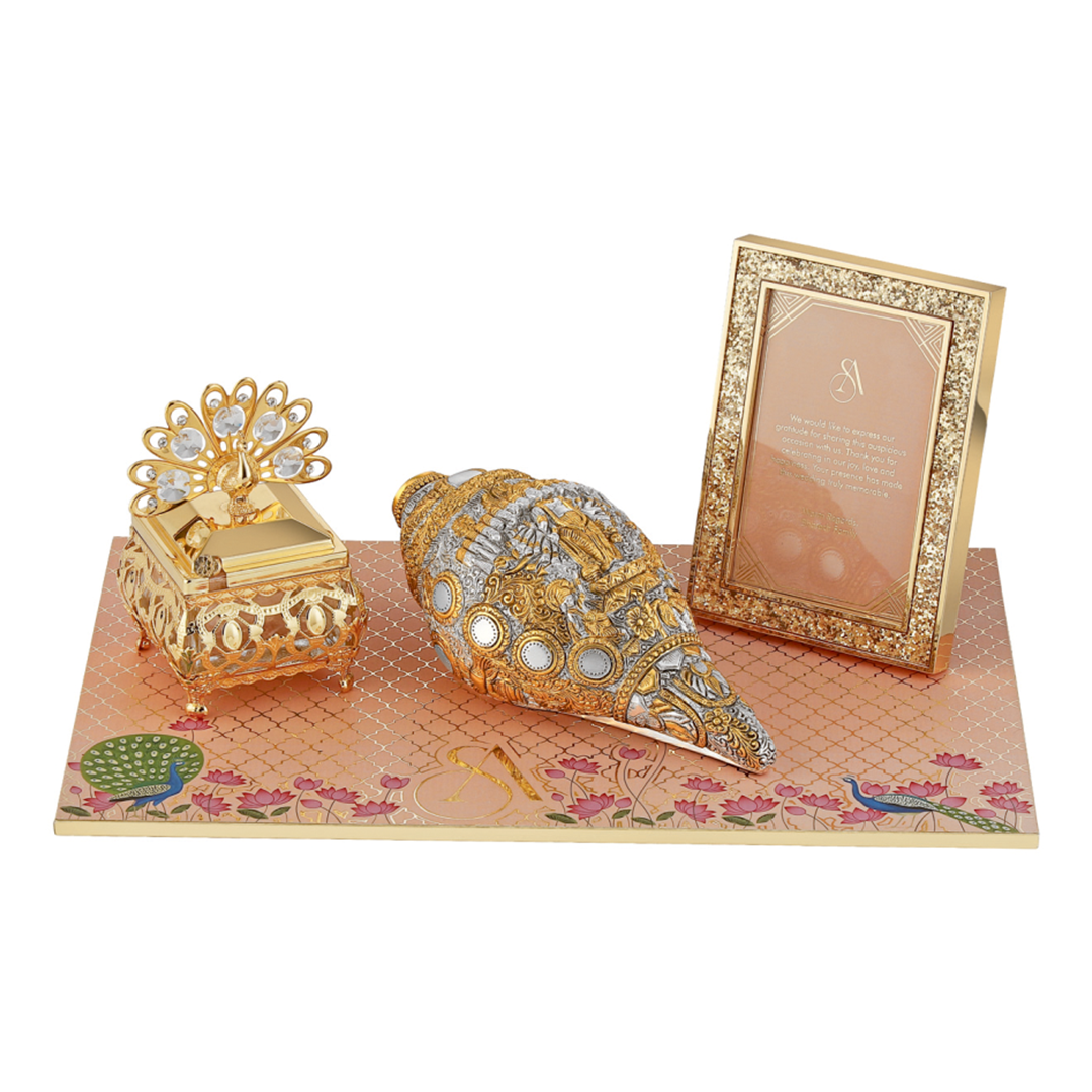 Regal Wedding Invitation Box with Decorative Shankh and Peacock Keepsake