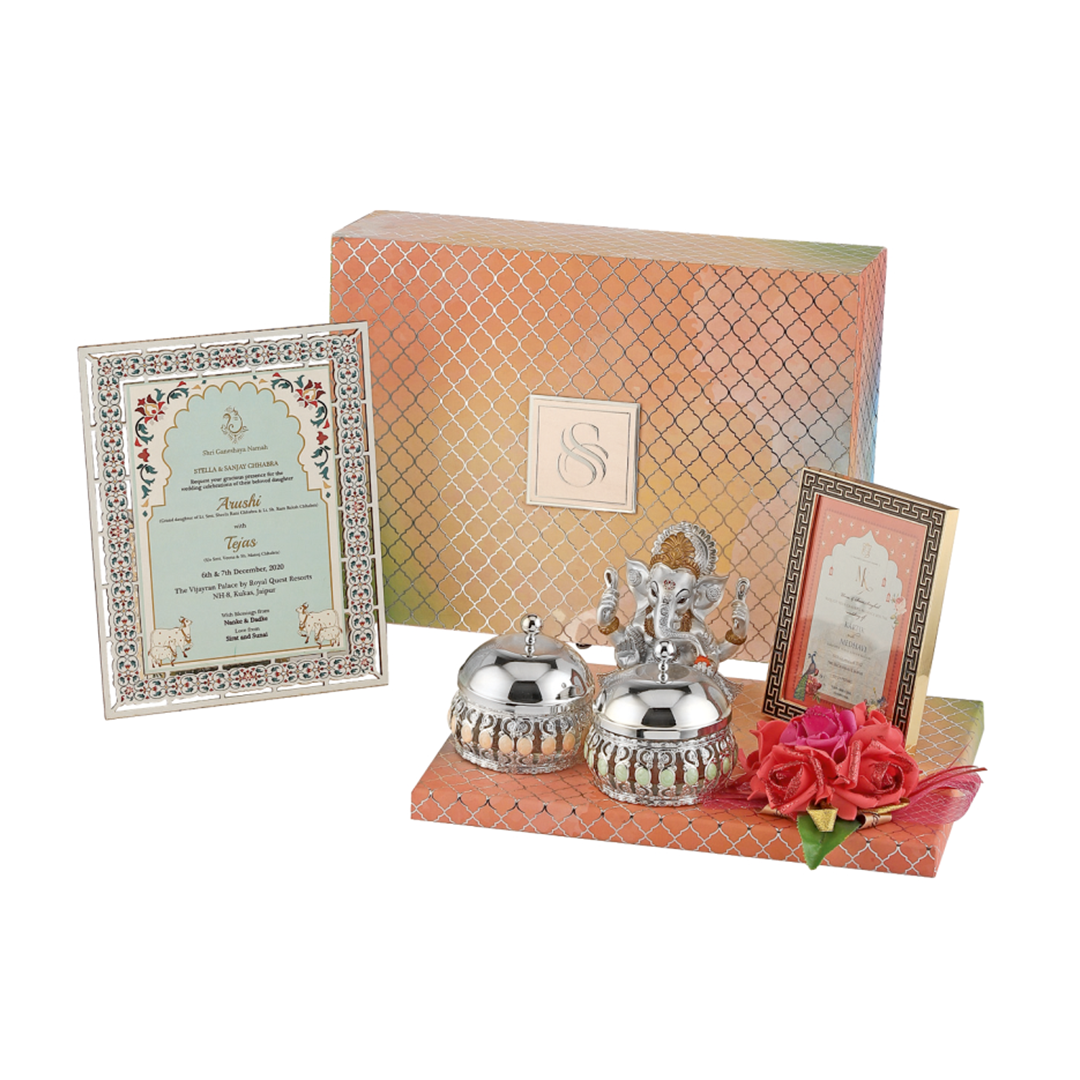Traditional Indian Wedding Invitation Box with Ganesh Idol & Silver Bowls