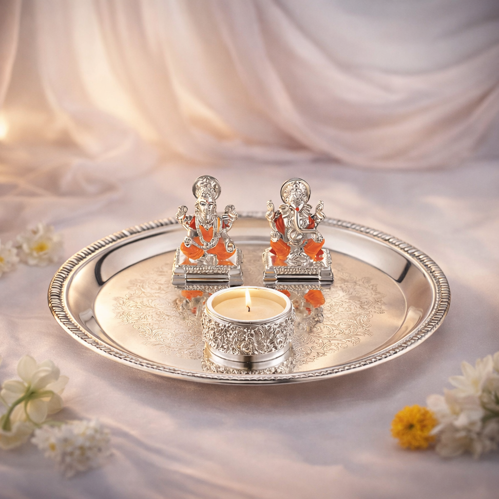 Puja Thali WIth Small Lakshmi Ganesh ji & Tea Light- Colored