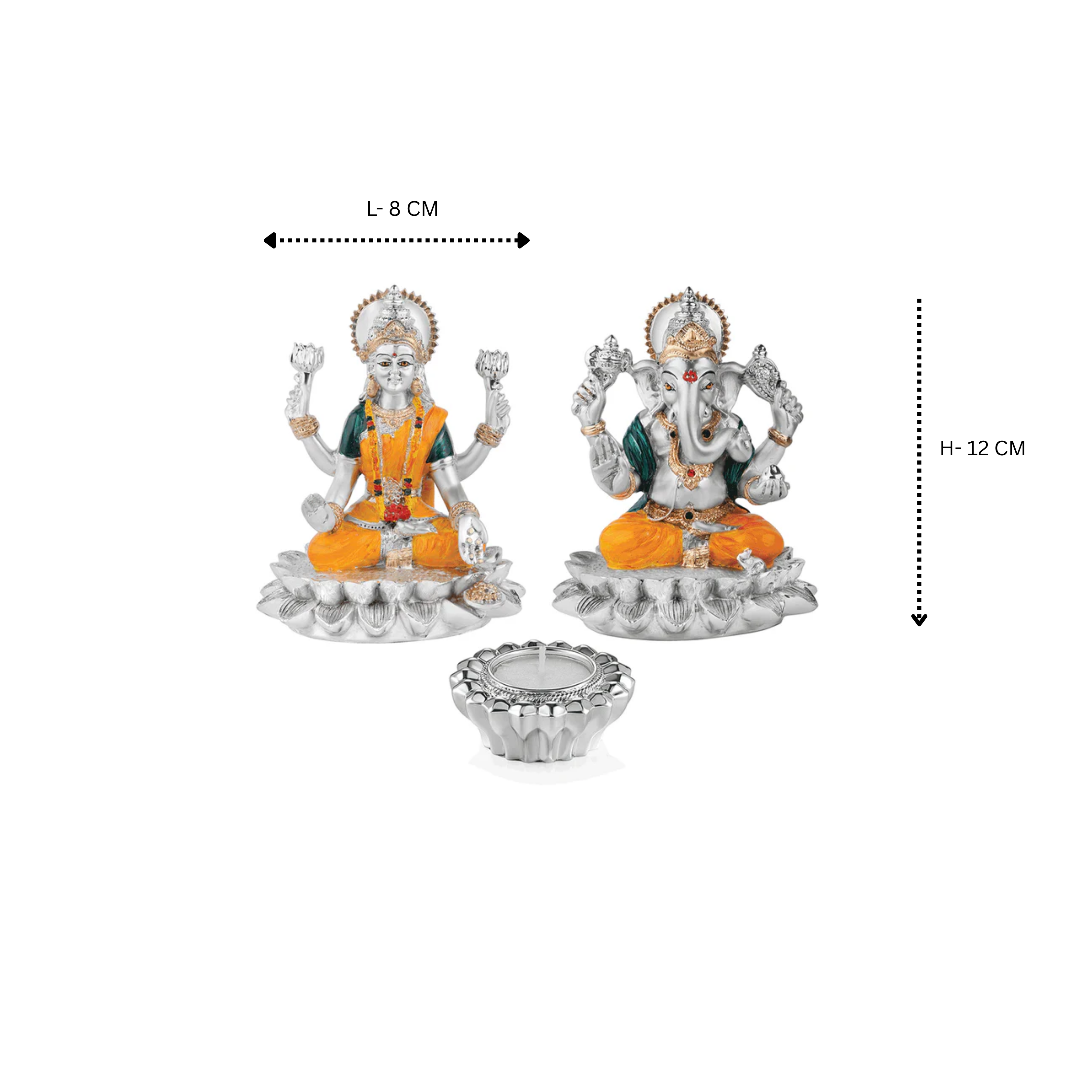 Laxmi Ganesha on lotus + flower tealight- Silver