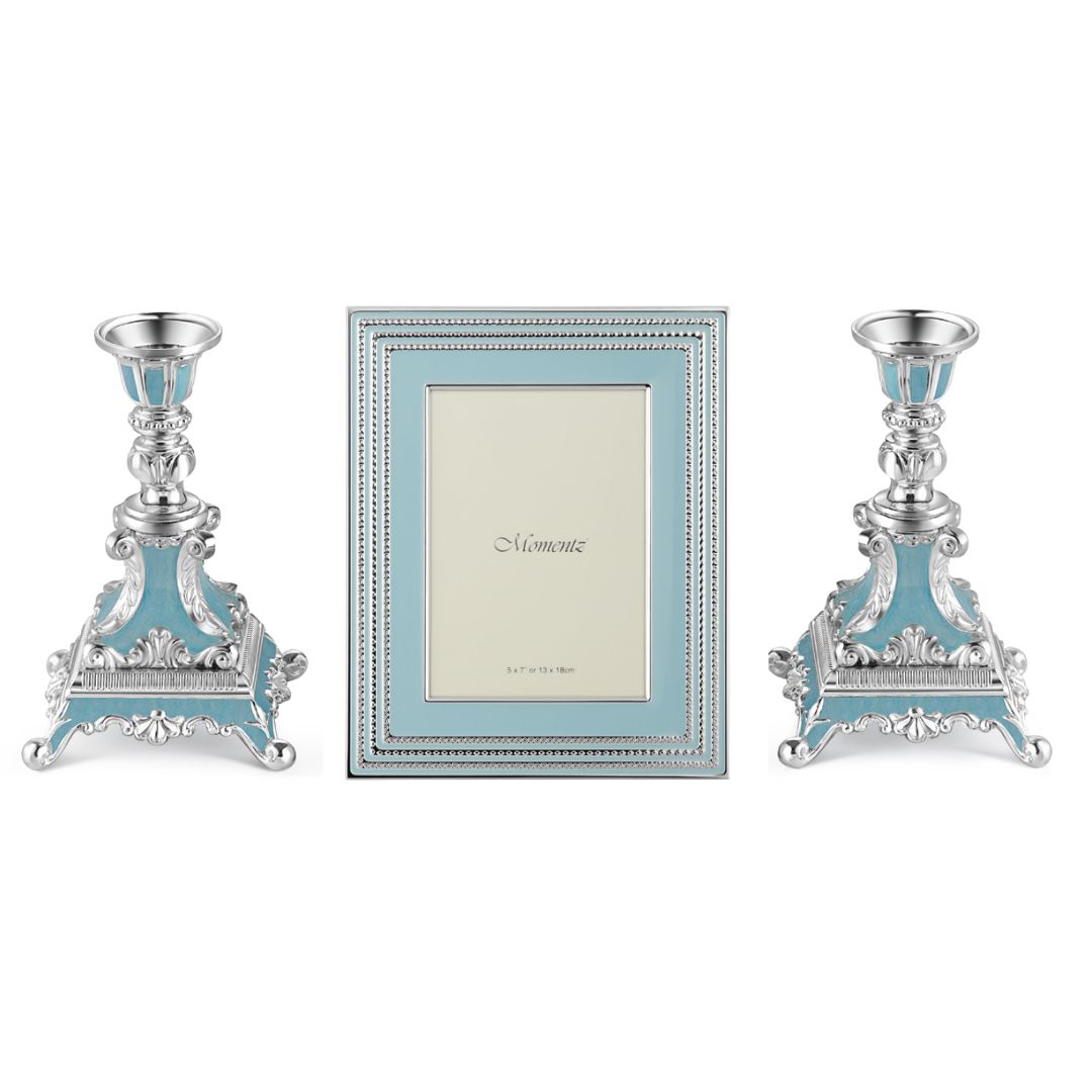 Elegant Blue Enamel Silver-Plated Frame & Candle Holder Gift Set