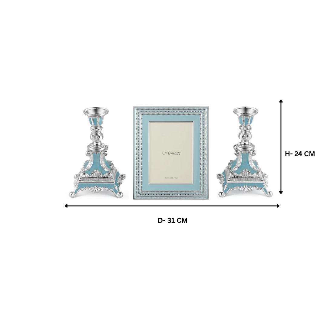 Elegant Blue Enamel Silver-Plated Frame & Candle Holder Gift Set