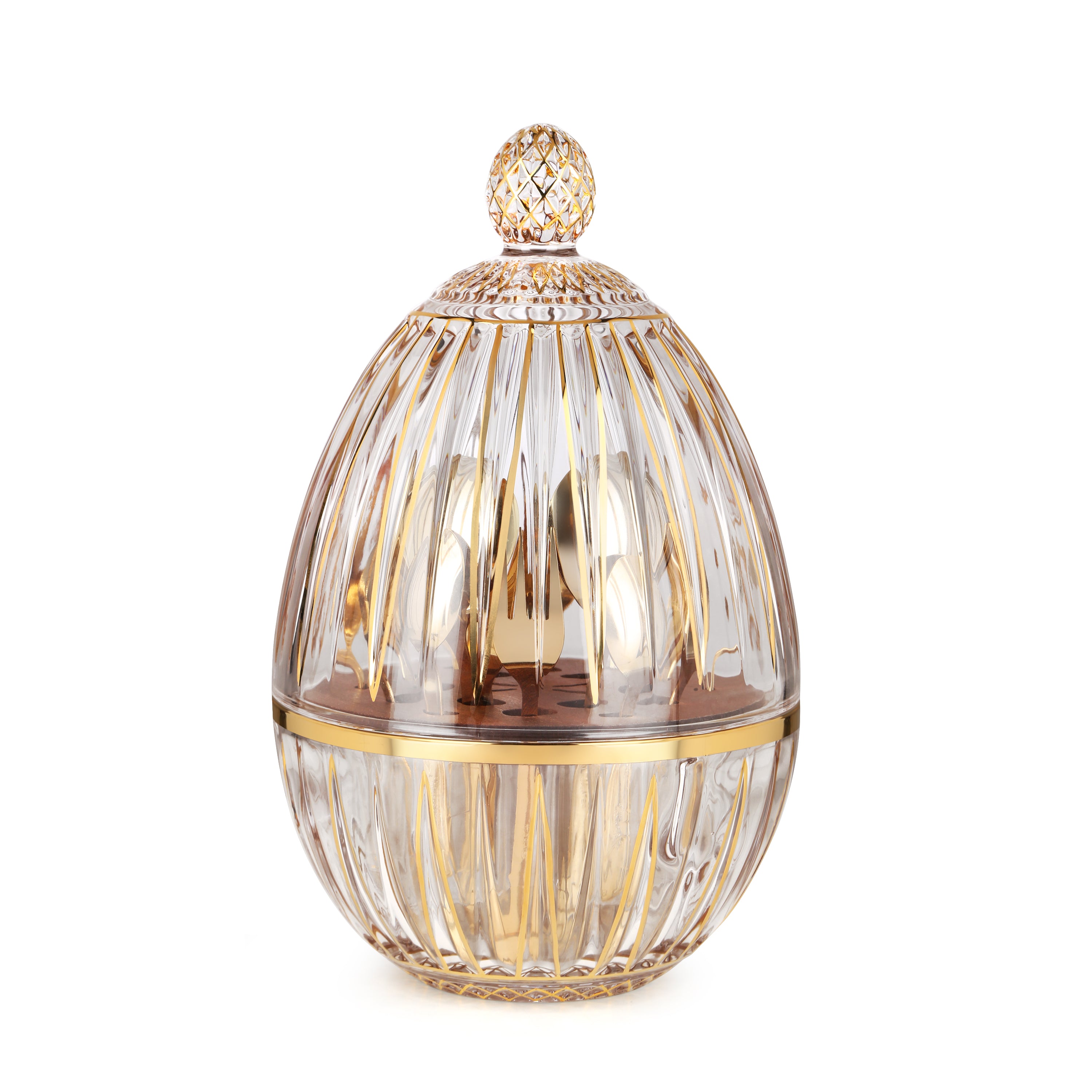Egg Shape Glass Cutlery Holder Vertical Lines Gold