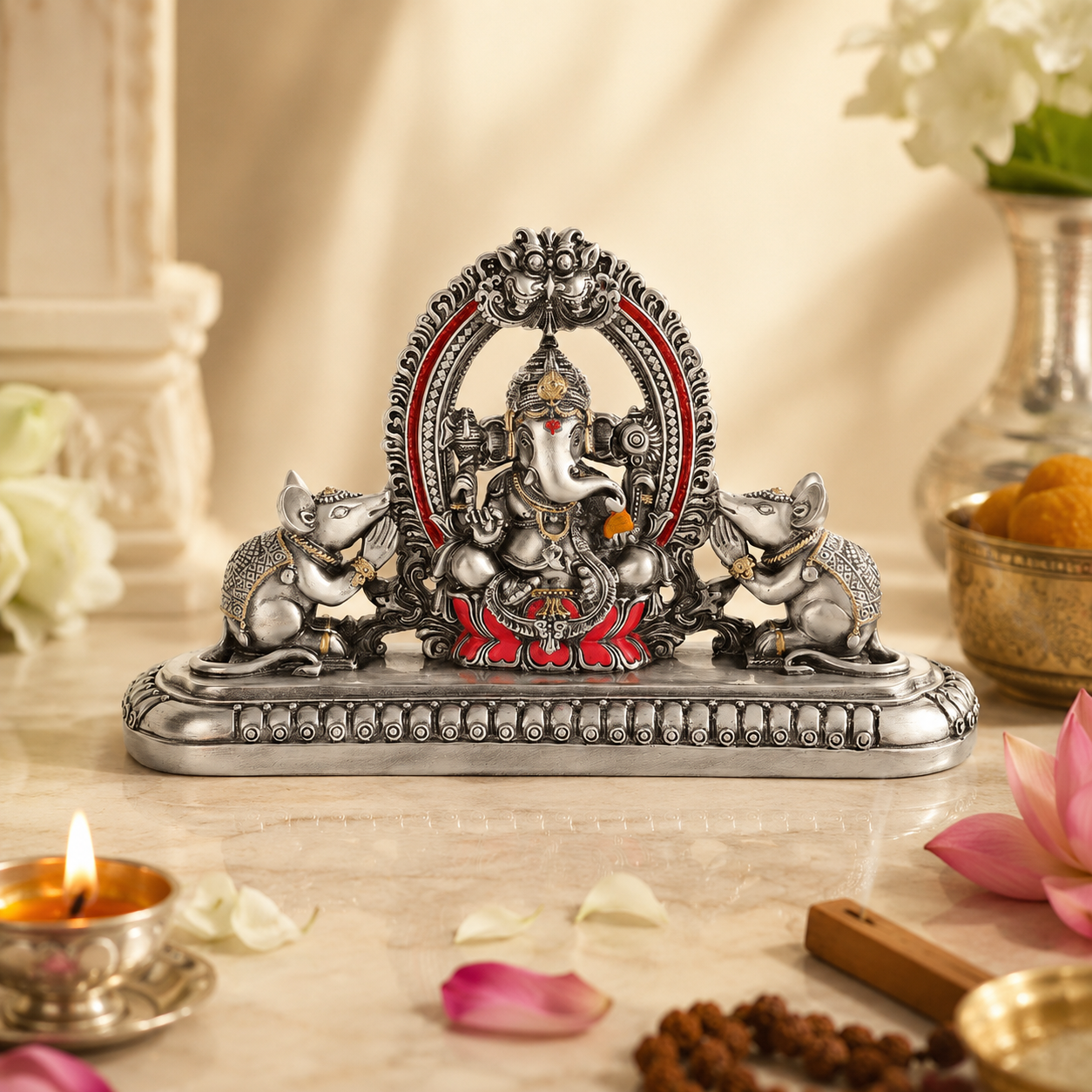 Shree Ganesha Silver Idol with Mooshak & Ornate Arch