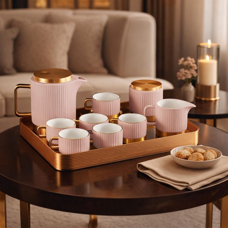 16 PC LUXURY TEA SET WITH TRAY PINK