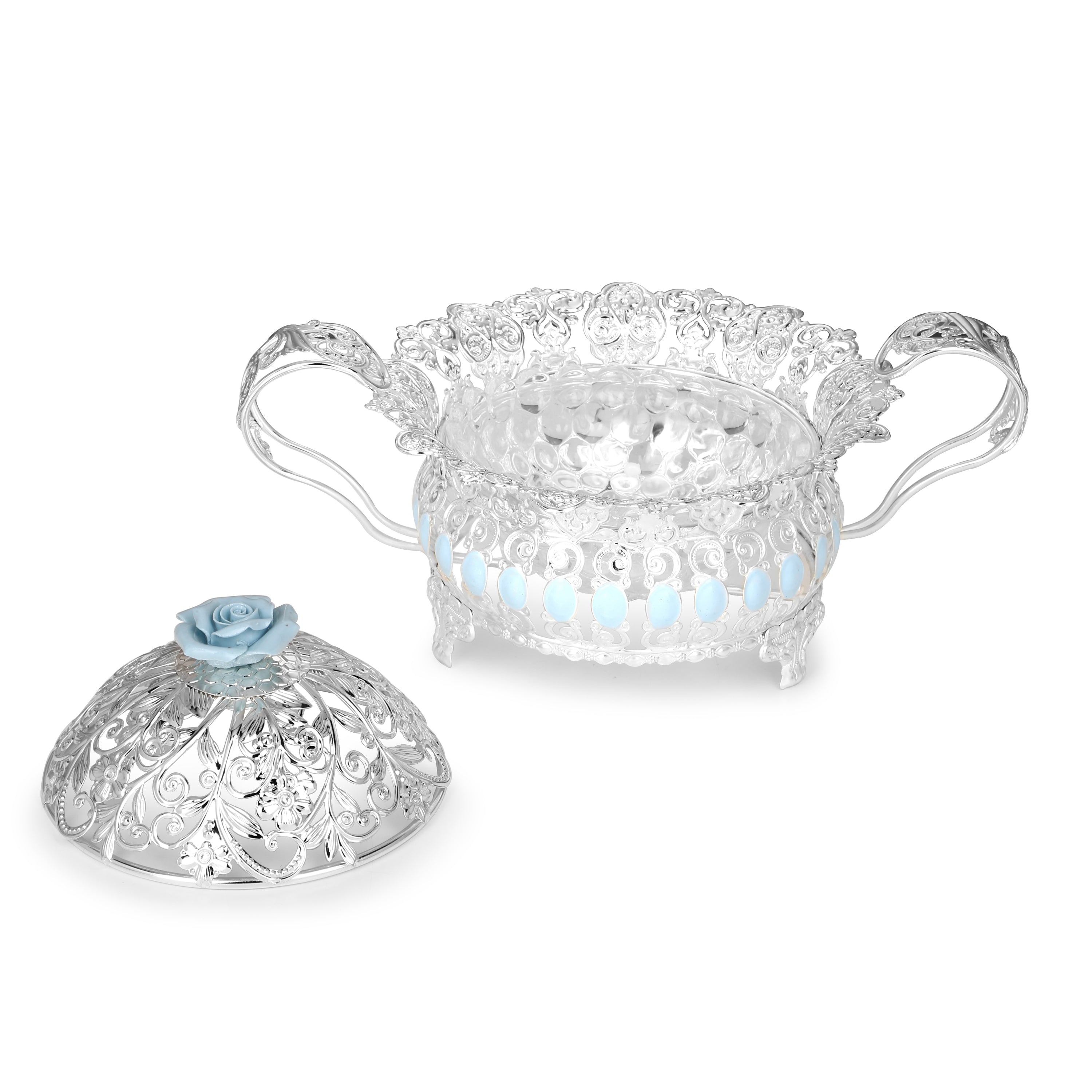 Floral Round Tray With Handle (Blue)