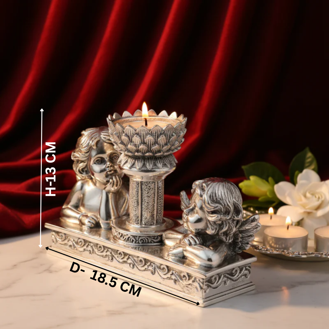 Pair of Angel Flower Tea Light Silver Matt