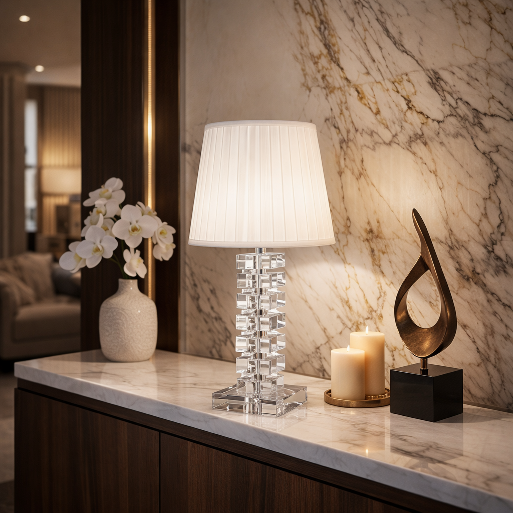 Celestial Crystal Lamp(Crystal Block Table Lamp with Pleated Shade)