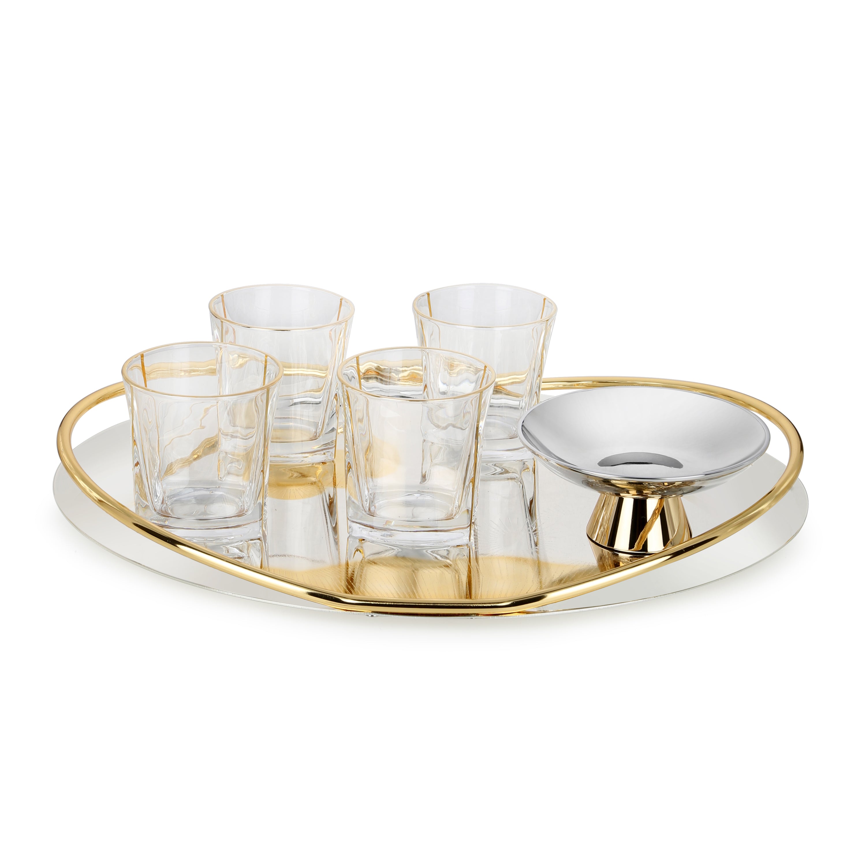 Intricate Design Oval Tray with Handle with Small  Server and 4 Whiskey Glasses
