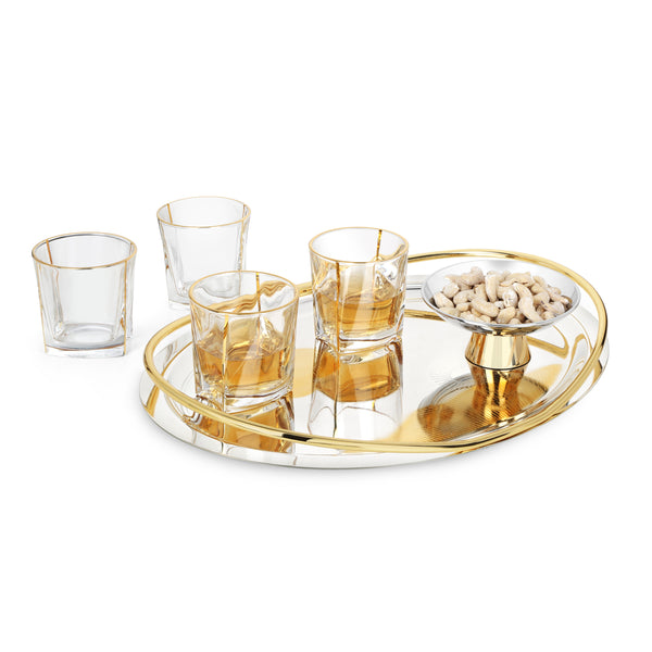 Intricate Design Oval Tray with Handle with Small  Server and 4 Whiskey Glasses