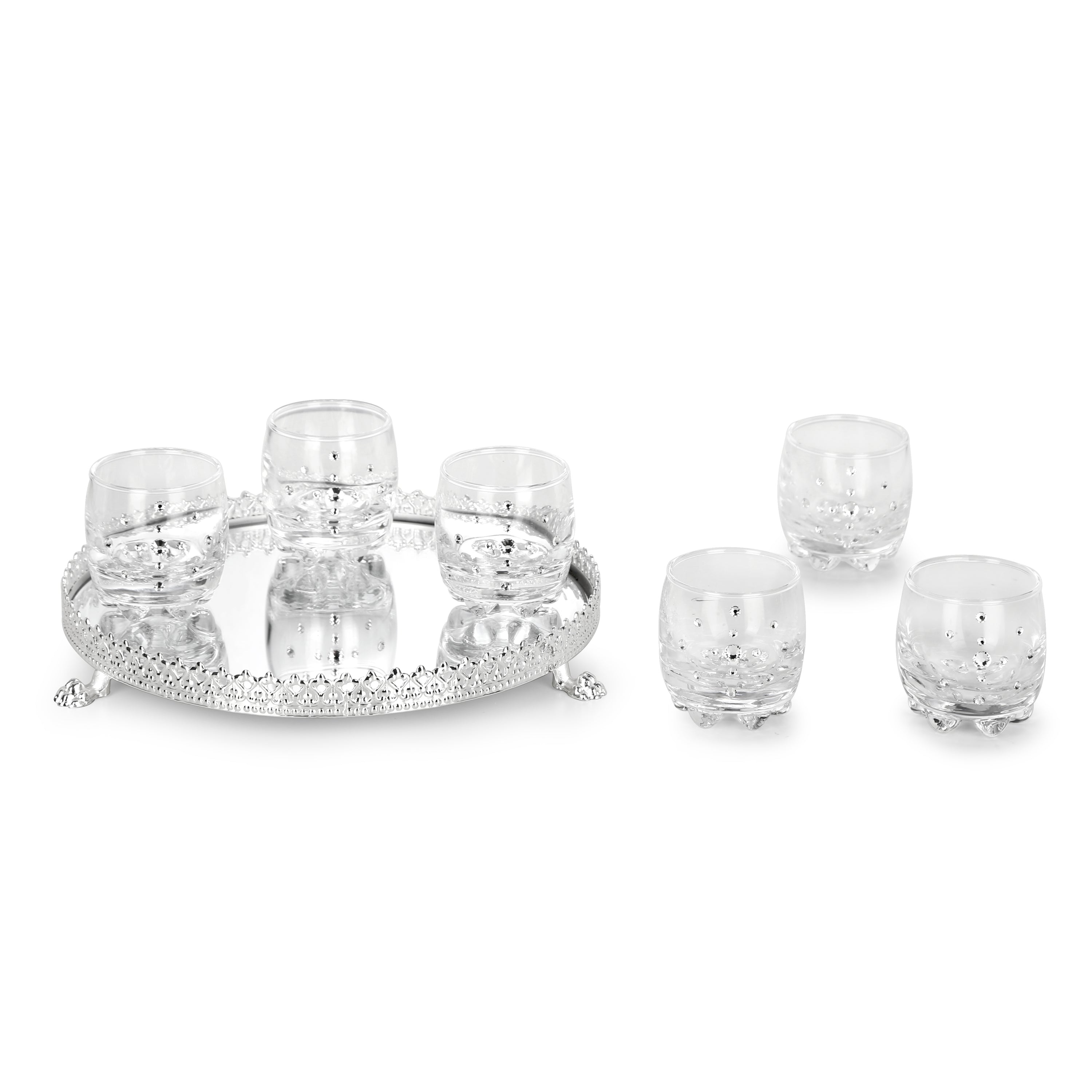 Set of 6 Round Swarovski Shooter Glasses with Cutwork Tray